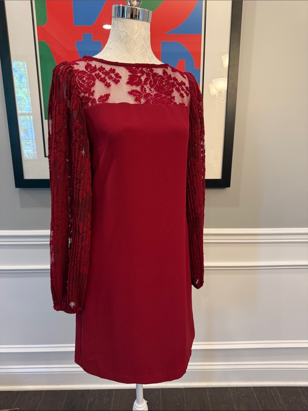NWT White House Black Market Burgundy Lace Long Sleeve Shift Dress 00